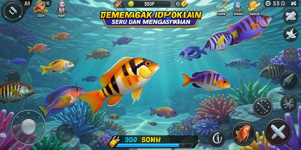 Screenshot menunjukkan aksi seru permainan Tembak Ikan di 555F.