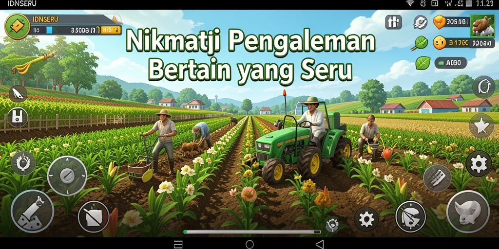 Tampilan gameplay seru dari IDNSERU yang menampilkan kebun yang indah.