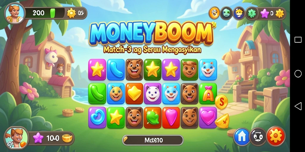 Tampilan gameplay <strong>MONEYBOOM</strong> yang seru dan menantang di level Match-3.