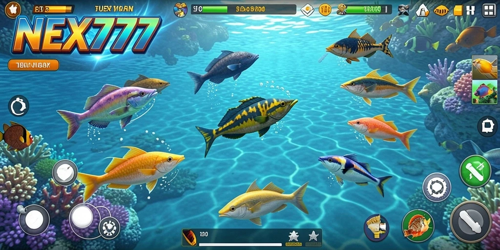 Tampilan gameplay seru dari NEX777 dengan aksi menembak ikan.