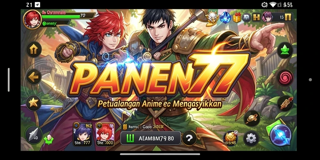 Tangkapan layar gameplay penuh aksi dari PANEN77 yang menampilkan karakter anime.