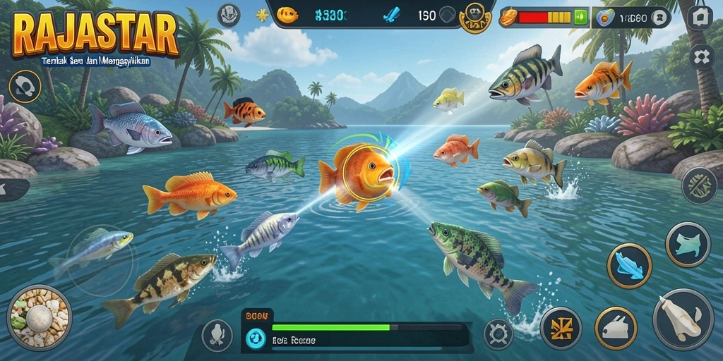 Screenshot gameplay RAJASTAR yang menampilkan aksi tembak ikan.